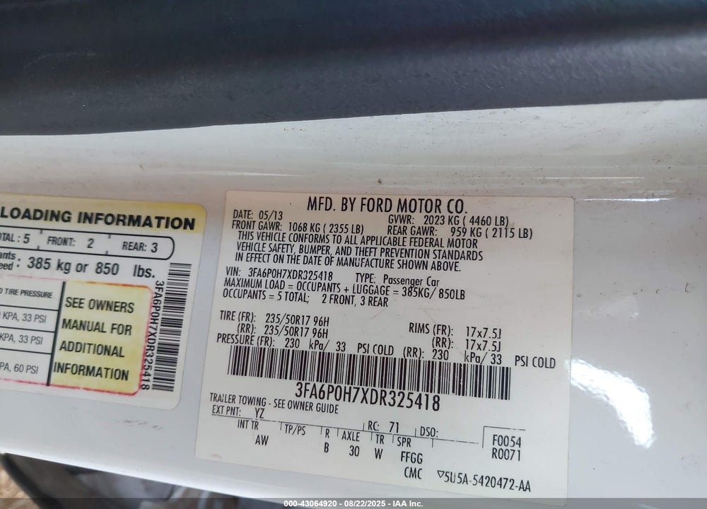 2013 FORD FUSION VIN: 3FA6P0H7XDR325418