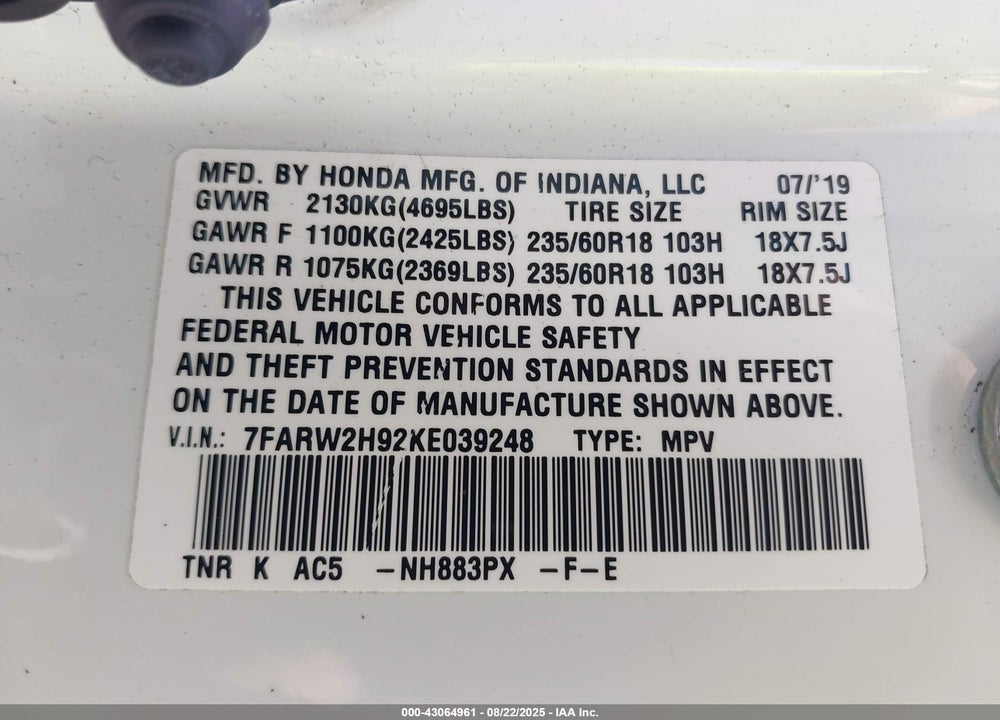 2019 HONDA CR-V TOURING VIN: 7FARW2H92KE039248