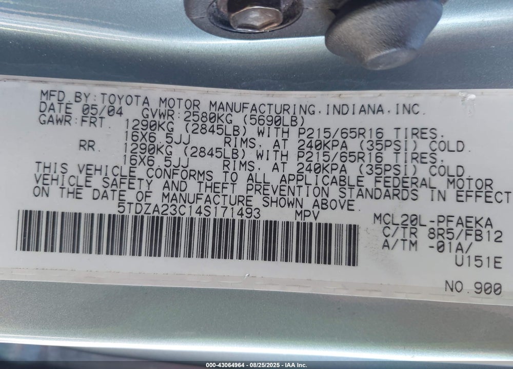 2004 TOYOTA SIENNA LE VIN: 5TDZA23C14S171493