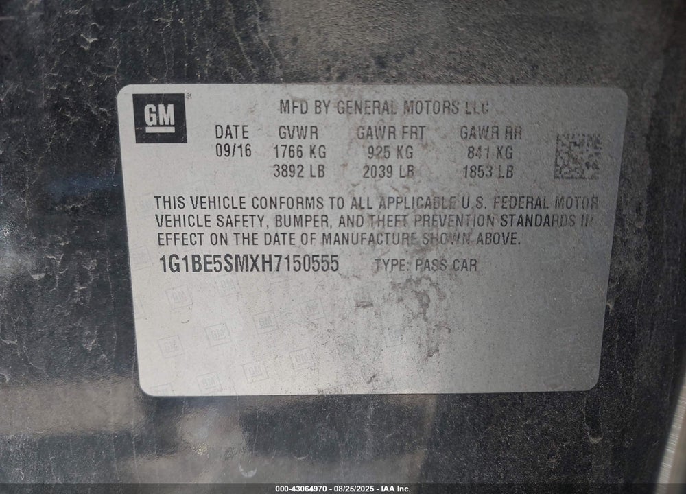 2017 CHEVROLET CRUZE VIN: 1G1BE5SMXH7150555