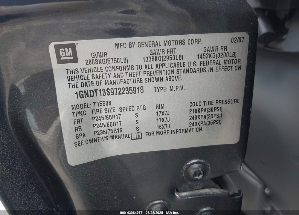 2007 CHEVROLET TRAILBLAZER LT VIN: 1GNDT13S972235918