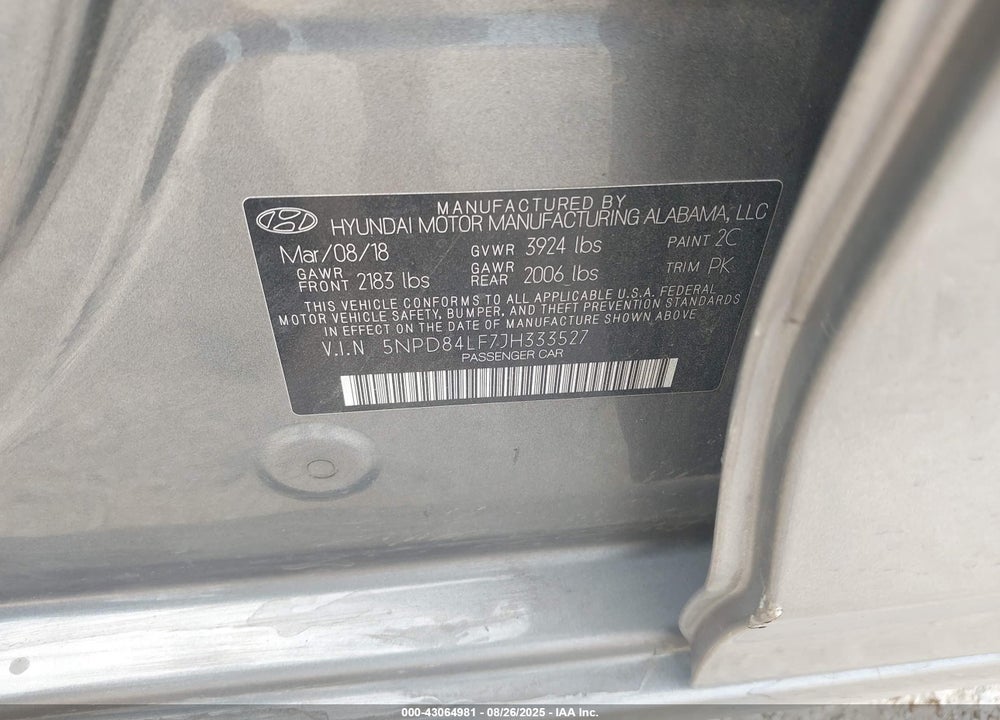 2018 HYUNDAI ELANTRA SEL VIN: 5NPD84LF7JH333527