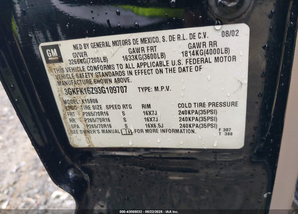 2003 GMC YUKON XL 1500 SLT VIN: 3GKFK16Z93G109707