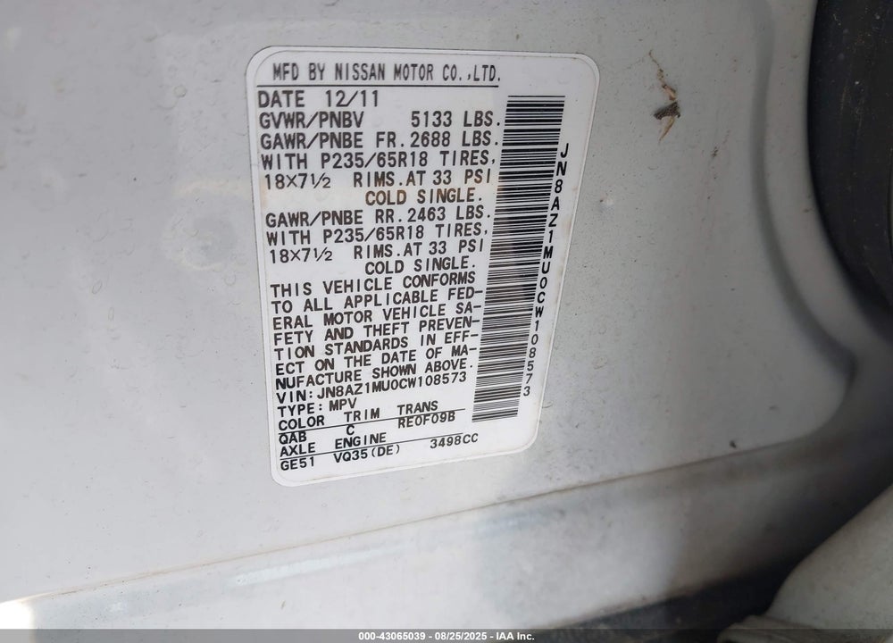 2012 NISSAN MURANO VIN: JN8AZ1MU0CW108573