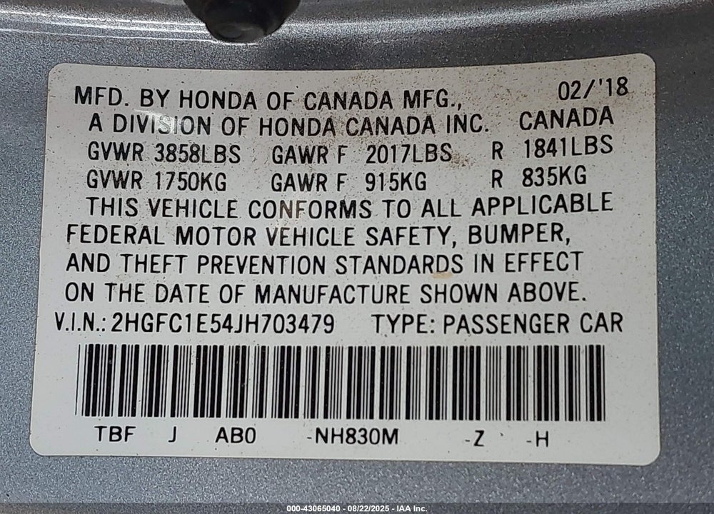 2018 HONDA CIVIC VIN: 2HGFC1E54JH703479