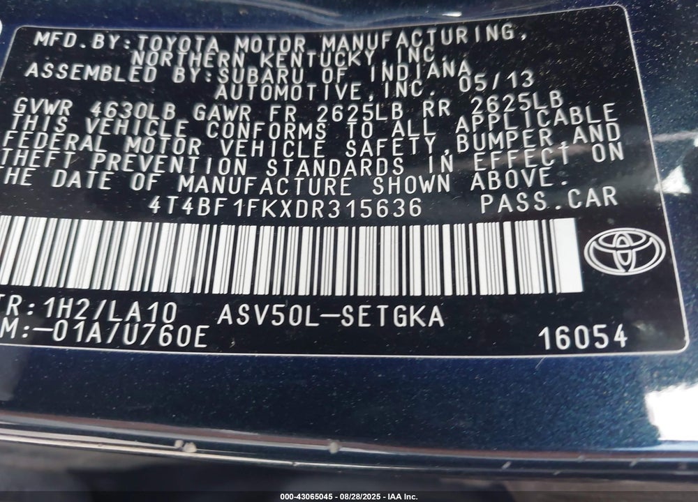 2013 TOYOTA CAMRY VIN: 4T4BF1FKXDR315636