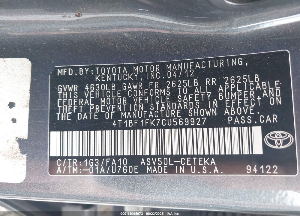 2012 TOYOTA CAMRY VIN: 4T1BF1FK7CU569927