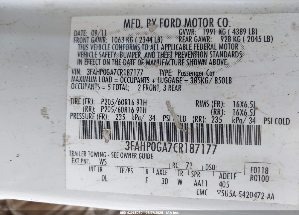 2012 FORD FUSION VIN: 3FAHP0GA7CR187177