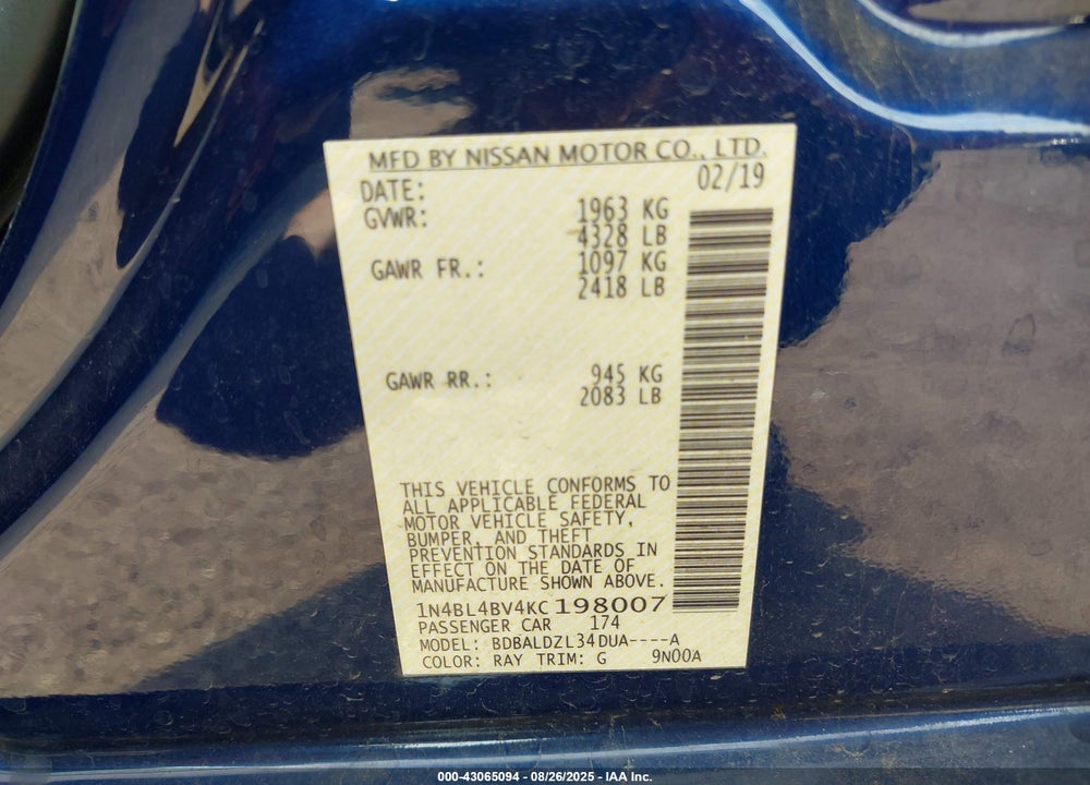 2019 NISSAN ALTIMA VIN: 1N4BL4BV4KC198007