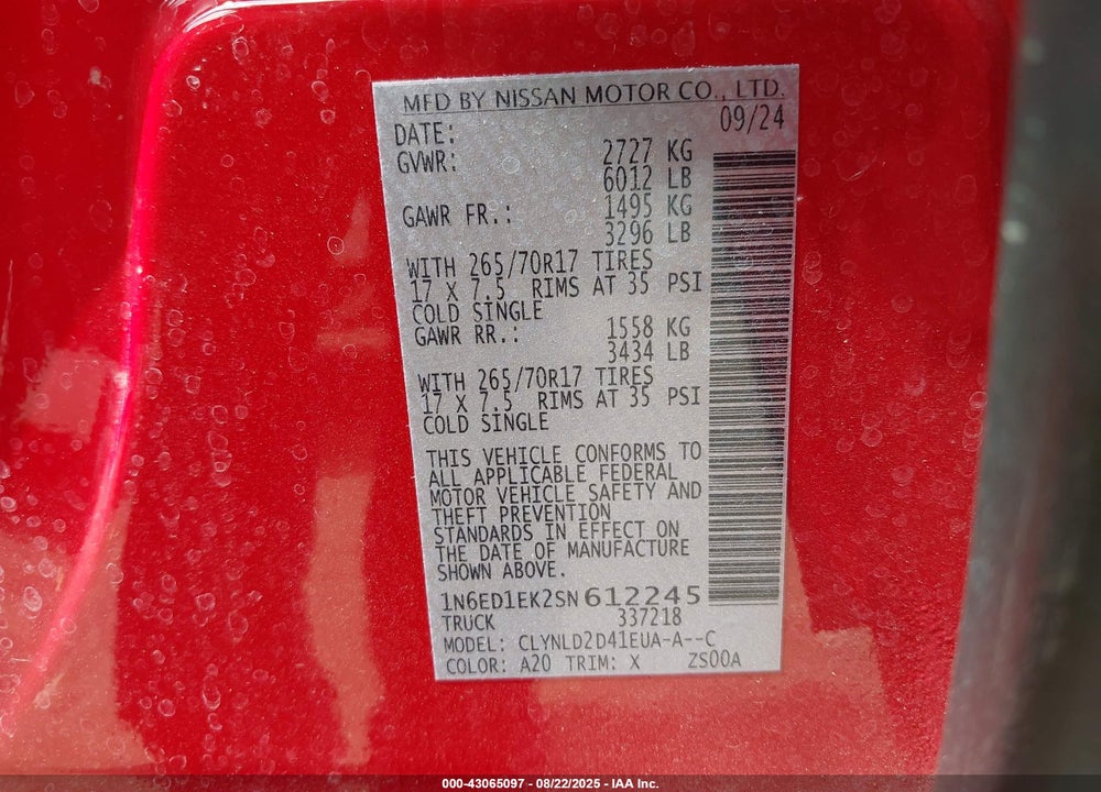 2025 NISSAN FRONTIER VIN: 1N6ED1EK2SN612245