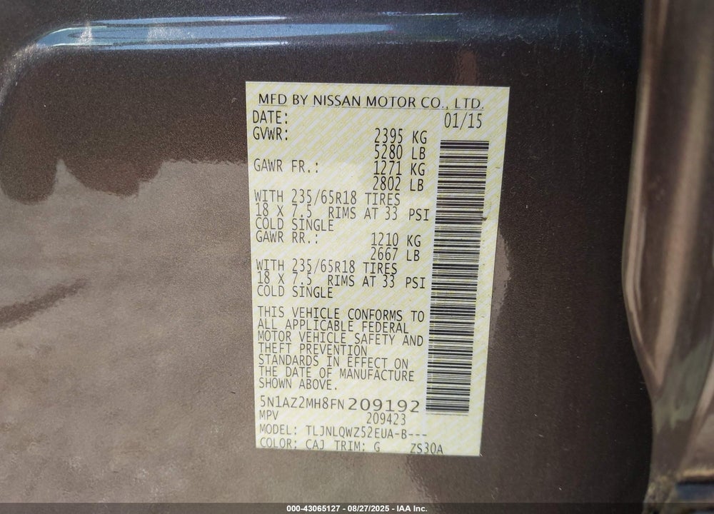 2015 NISSAN MURANO VIN: 5N1AZ2MH8FN209192