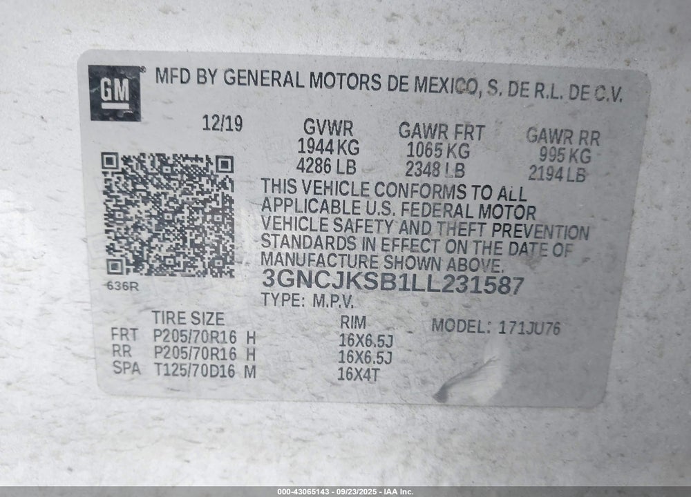 2020 CHEVROLET TRAX VIN: 3GNCJKSB1LL231587