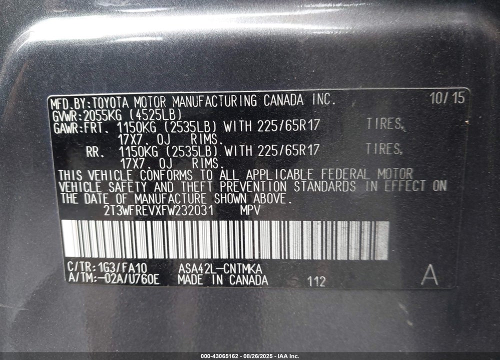 2015 TOYOTA RAV4 VIN: 2T3WFREVXFW232031