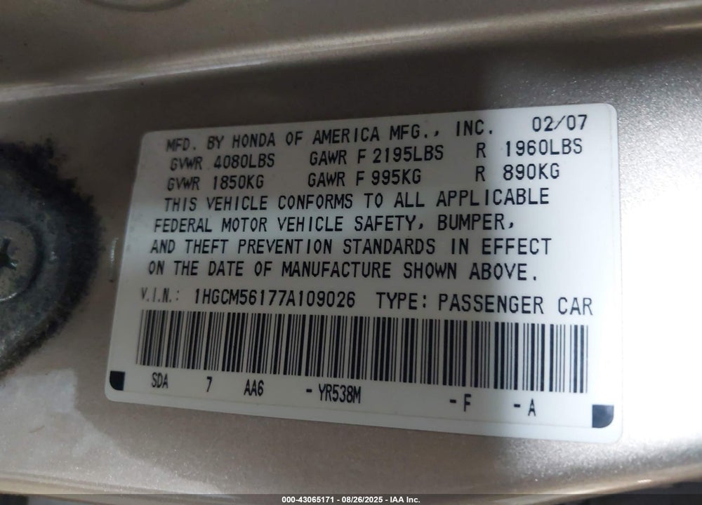 2007 HONDA ACCORD VIN: 1HGCM56177A109026