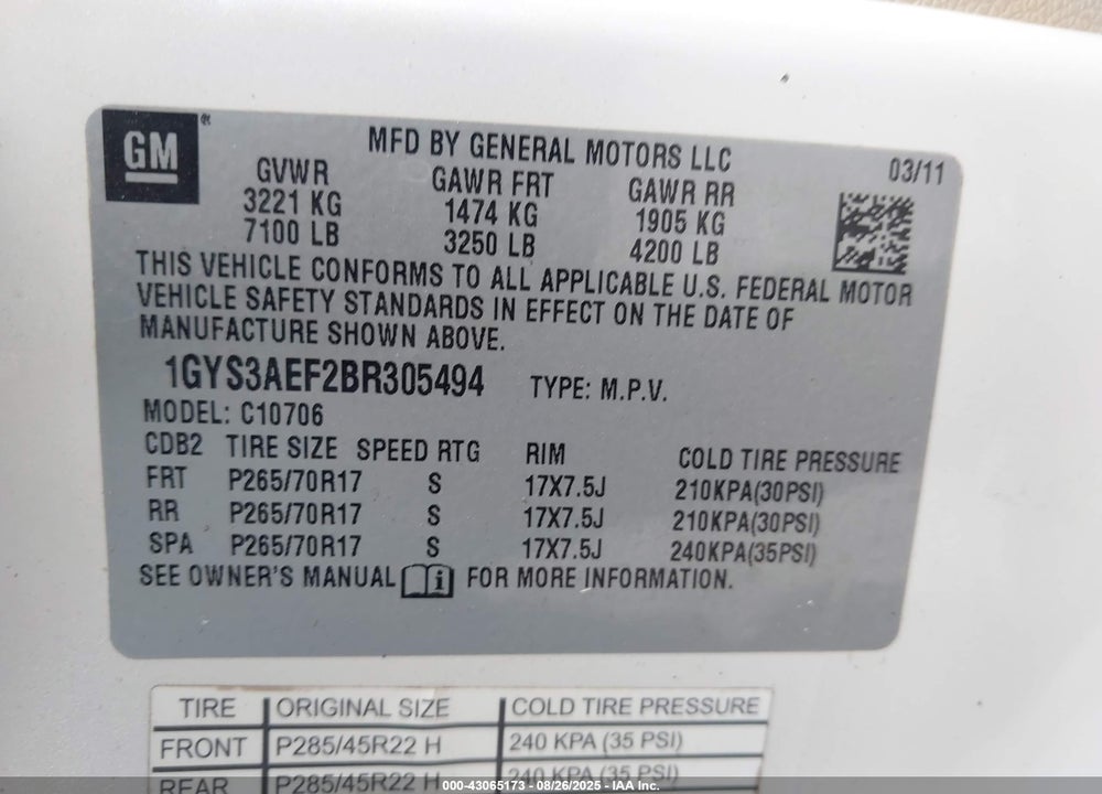 2011 CADILLAC ESCALADE VIN: 1GYS3AEF2BR305494