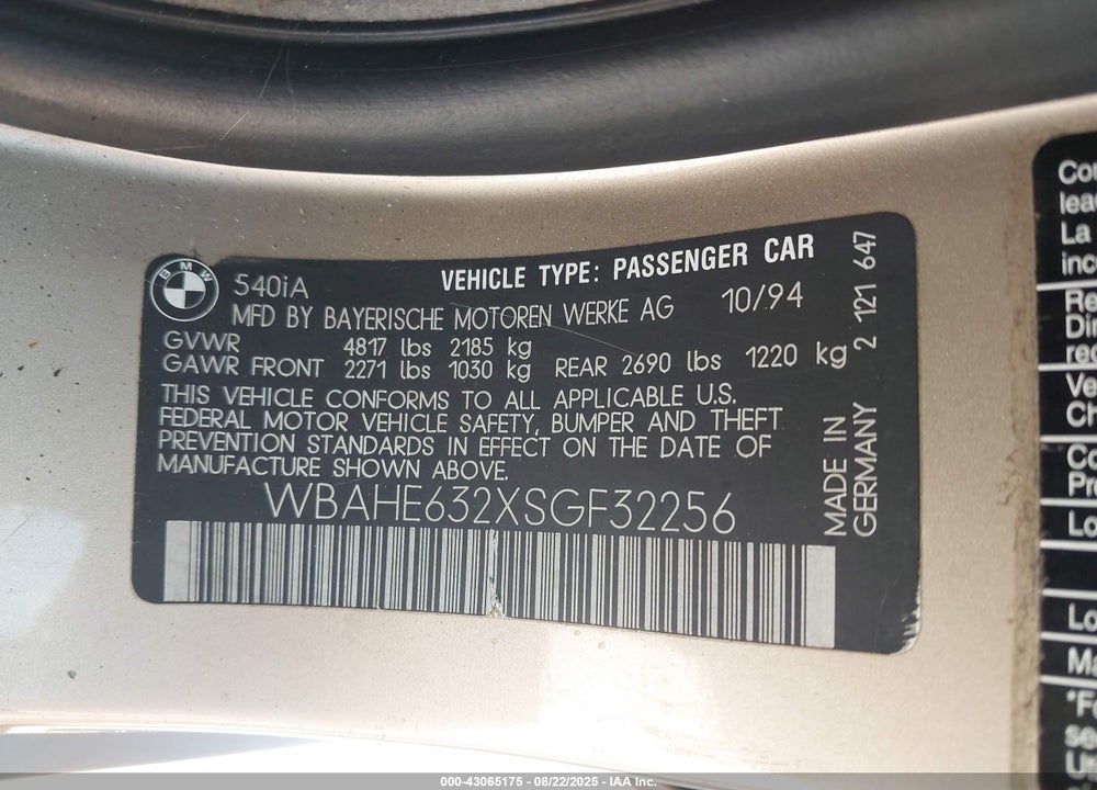 1995 BMW 540 I AUTOMATIC VIN: WBAHE632XSGF32256