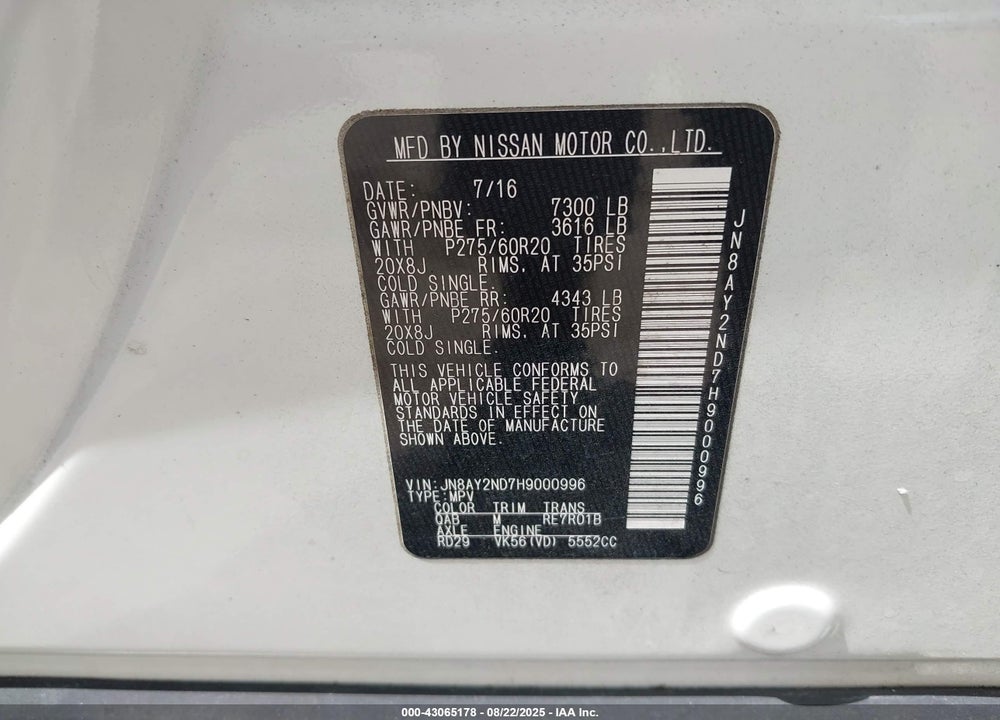 2017 NISSAN ARMADA VIN: JN8AY2ND7H9000996