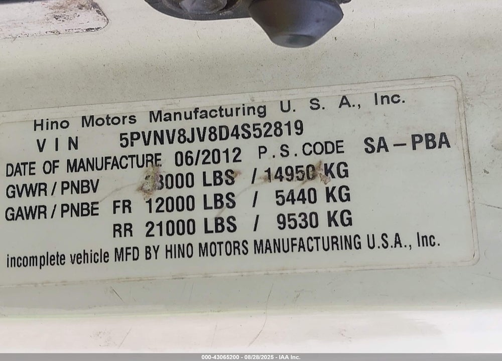 2013 HINO 338 VIN: 5PVNV8JV8D4S52819