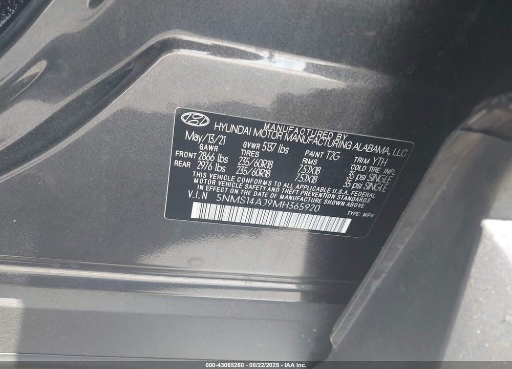 2021 HYUNDAI SANTA FE VIN: 5NMS14AJ9MH365920