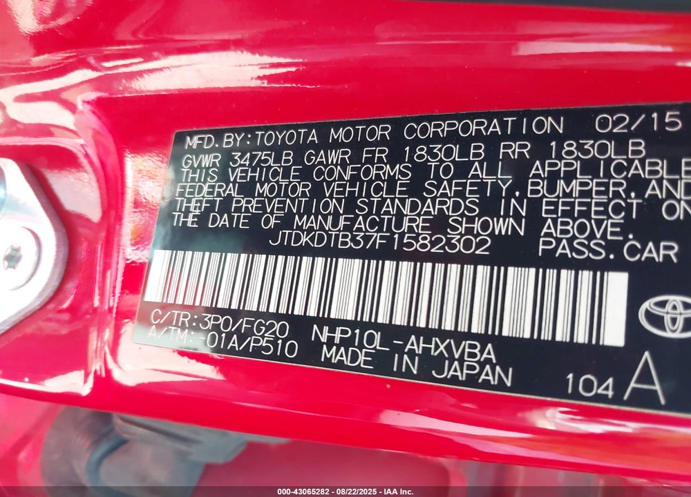 2015 TOYOTA PRIUS C VIN: JTDKDTB37F1582302