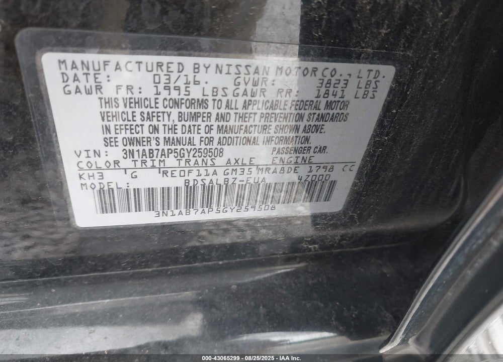 2016 NISSAN SENTRA VIN: 3N1AB7AP5GY259508
