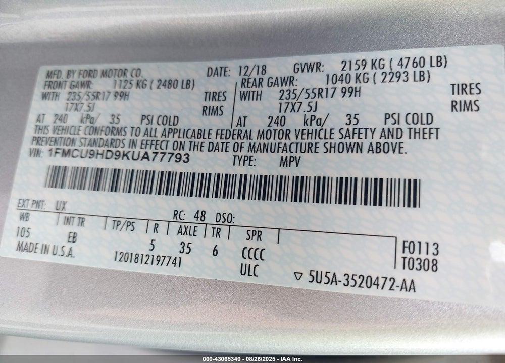 2019 FORD ESCAPE SEL VIN: 1FMCU9HD9KUA77793