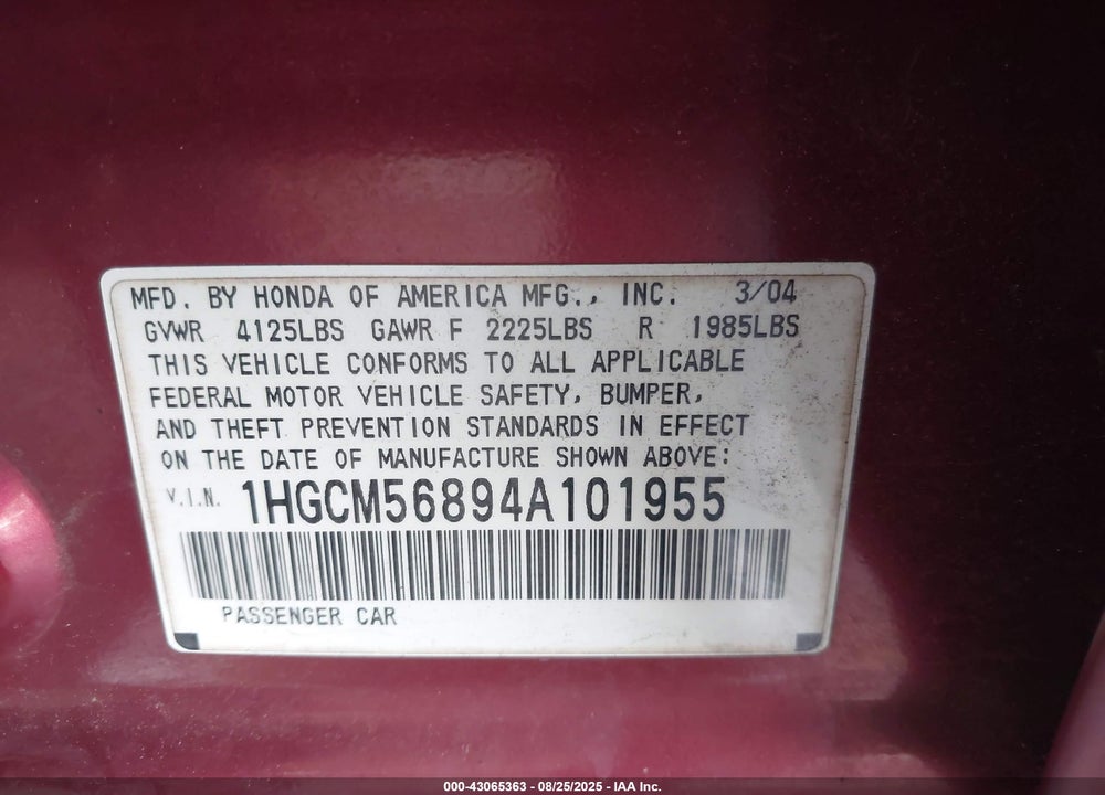 2004 HONDA ACCORD 2.4 EX VIN: 1HGCM56894A101955