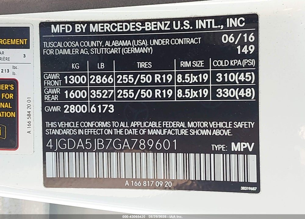 2016 MERCEDES-BENZ GLE CLASS VIN: 4JGDA5JB7GA789601
