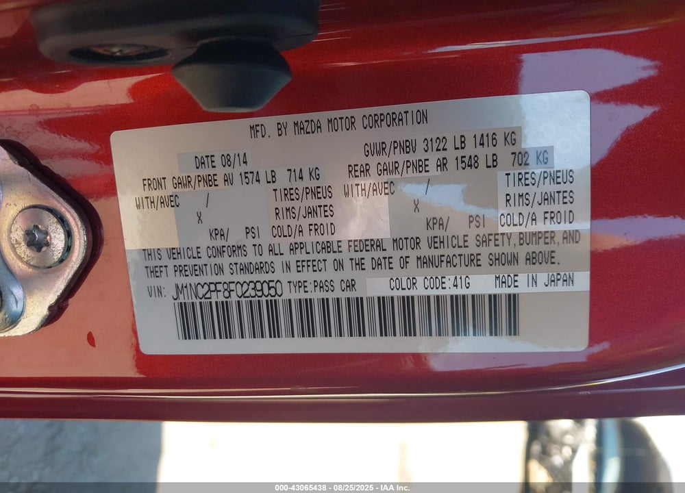 2015 MAZDA MX-5 MIATA VIN: JM1NC2PF8F0239050