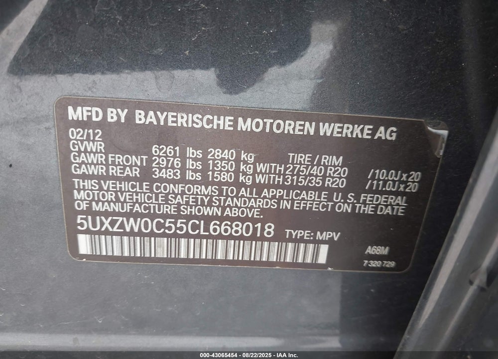 2012 BMW X5 VIN: 5UXZW0C55CL668018