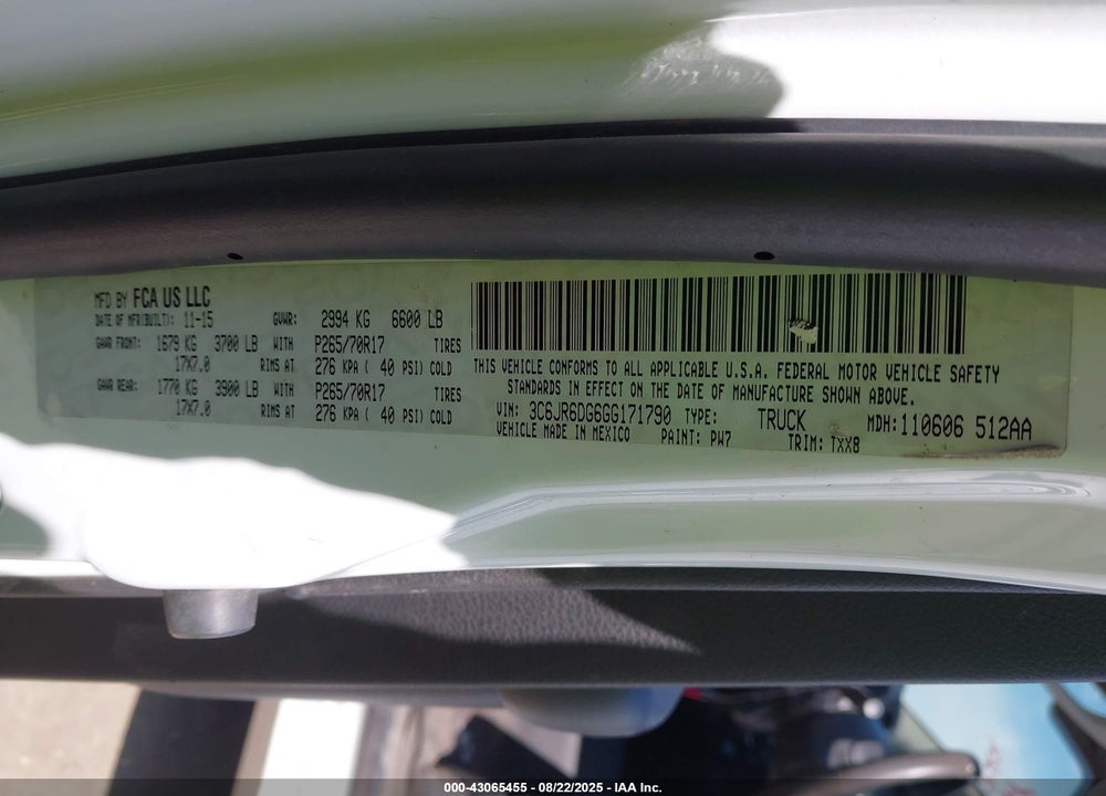 2016 RAM 1500 VIN: 3C6JR6DG6GG171790