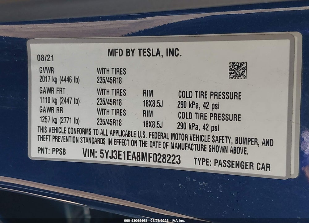 2021 TESLA MODEL 3 VIN: 5YJ3E1EA8MF028223