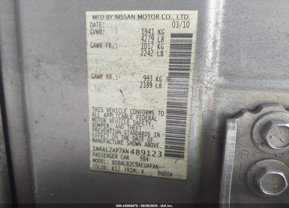 2010 NISSAN ALTIMA VIN: 1N4AL2AP7AN489123