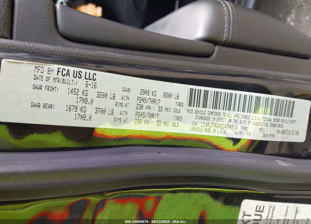 2016 JEEP GRAND CHEROKEE VIN: 1C4RJFAG4GC474514