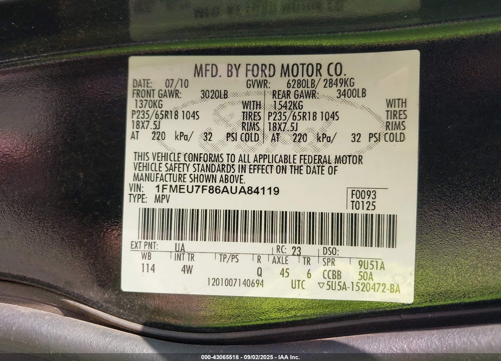2010 FORD EXPLORER VIN: 1FMEU7F86AUA84119