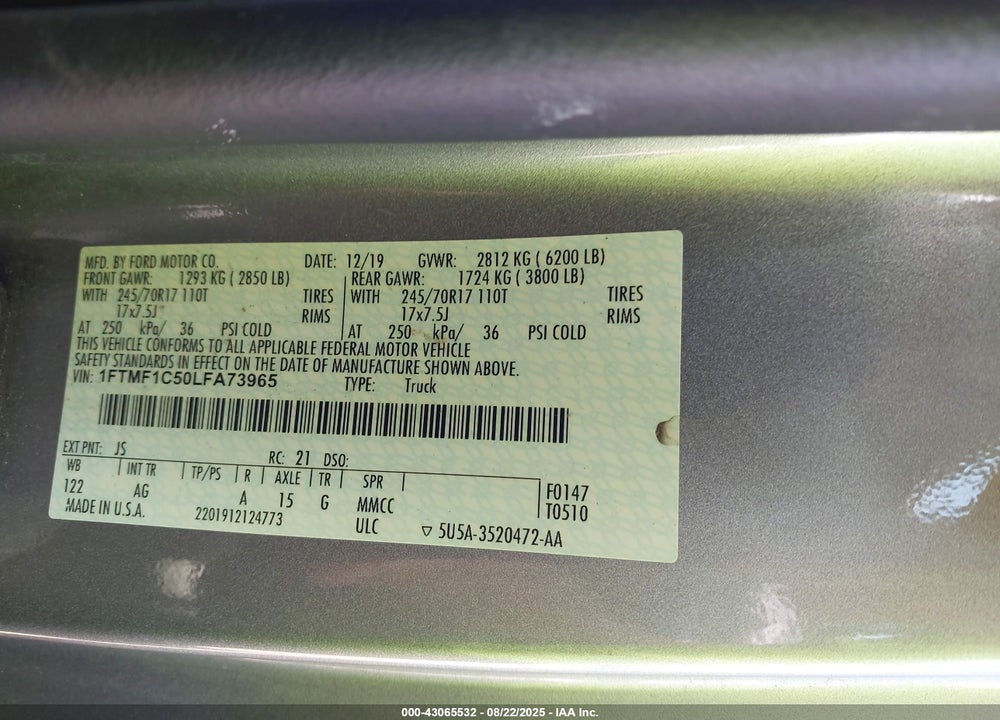 2020 FORD F-150 VIN: 1FTMF1C50LFA73965