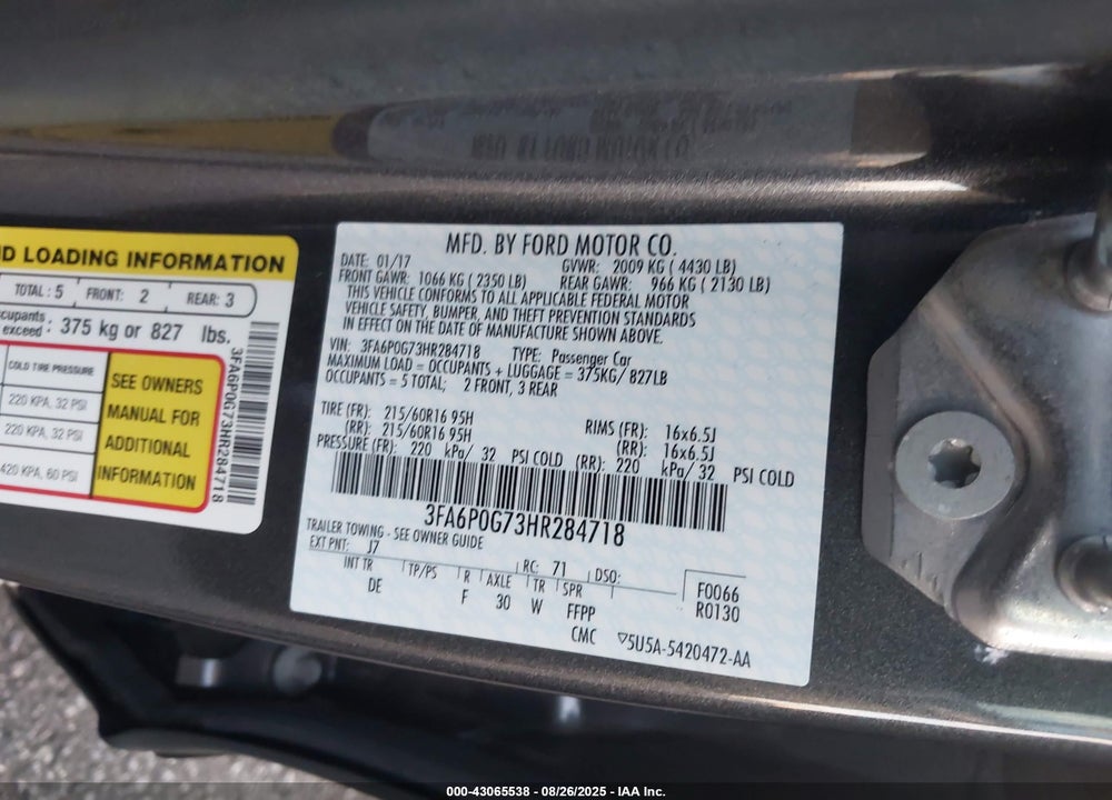 2017 FORD FUSION S VIN: 3FA6P0G73HR284718