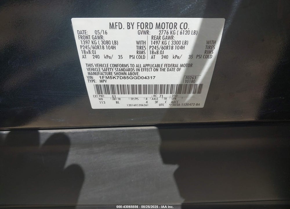 2016 FORD EXPLORER VIN: 1FM5K7D85GGD04317