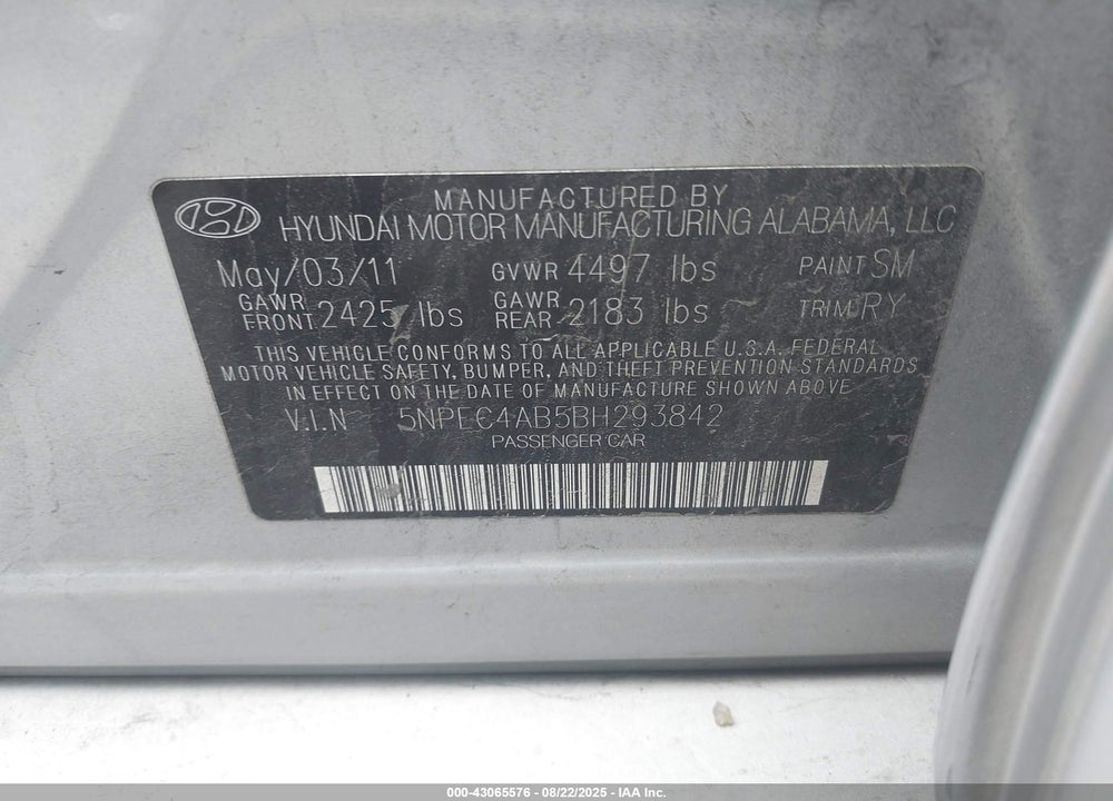 2011 HYUNDAI SONATA VIN: 5NPEC4AB5BH293842
