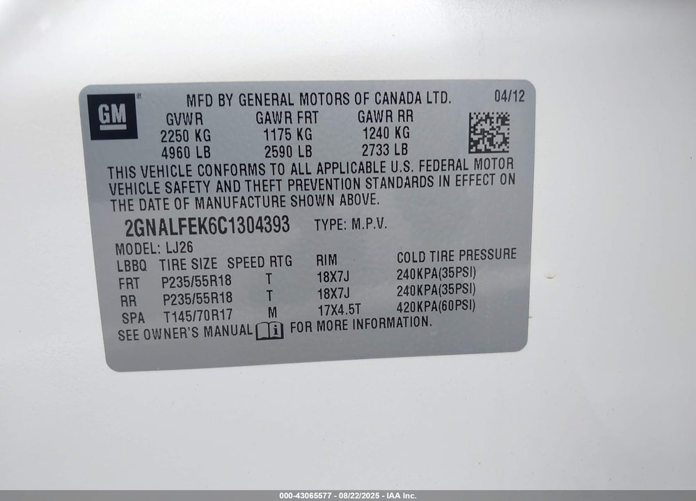 2012 CHEVROLET EQUINOX VIN: 2GNALFEK6C1304393