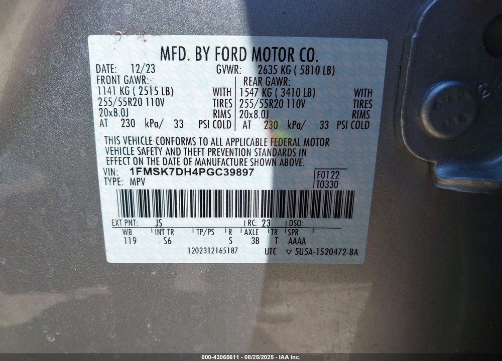 2023 FORD EXPLORER VIN: 1FMSK7DH4PGC39897