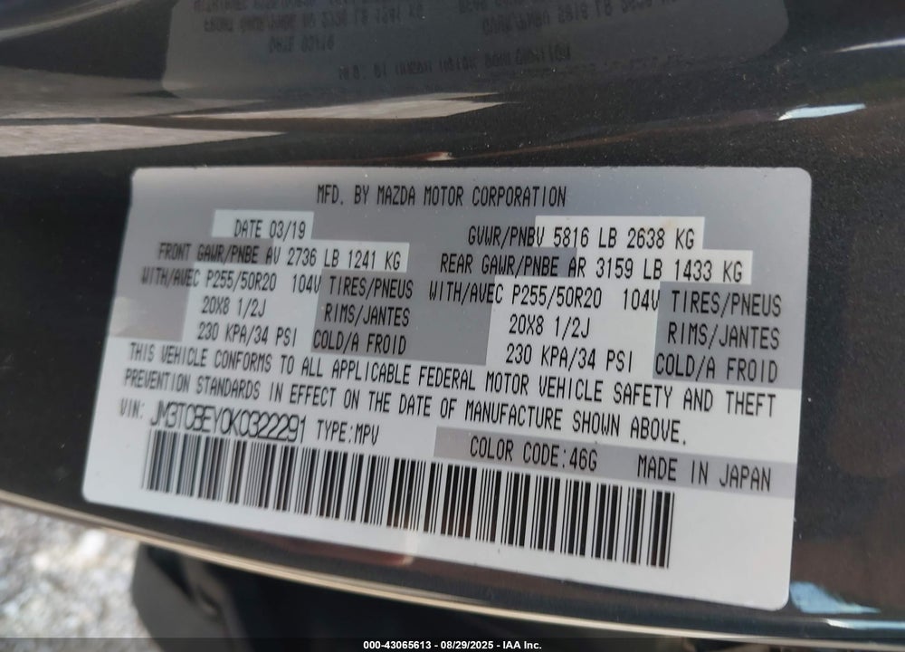 2019 MAZDA CX-9 VIN: JM3TCBEY0K0322291