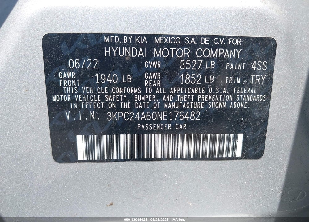 2022 HYUNDAI ACCENT SE VIN: 3KPC24A60NE176482