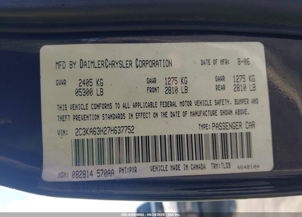 2007 CHRYSLER 300C VIN: 2C3KA63H27H637752