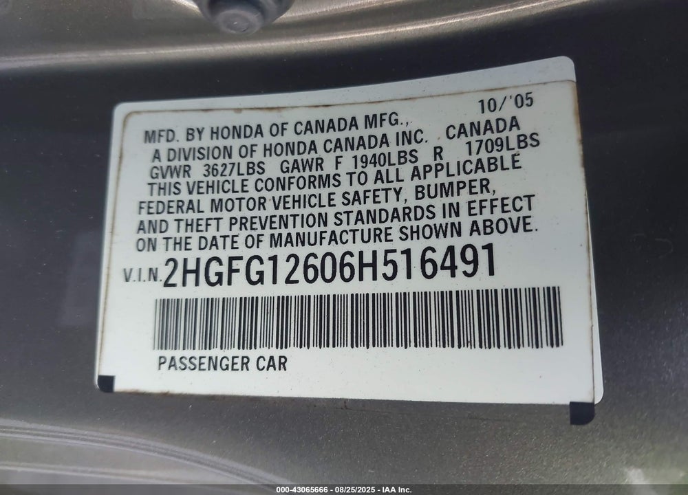 2006 HONDA CIVIC LX VIN: 2HGFG12606H516491