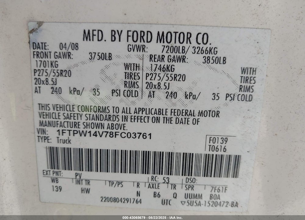 2008 FORD F-150 60TH ANNIVERSARY/FX4/KING RANCH/LARIAT/XLT VIN: 1FTPW14V78FC03761