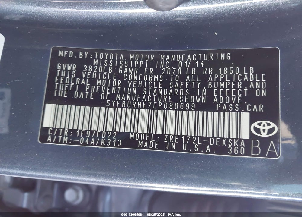 2014 TOYOTA COROLLA VIN: 5YFBURHE7EP080699