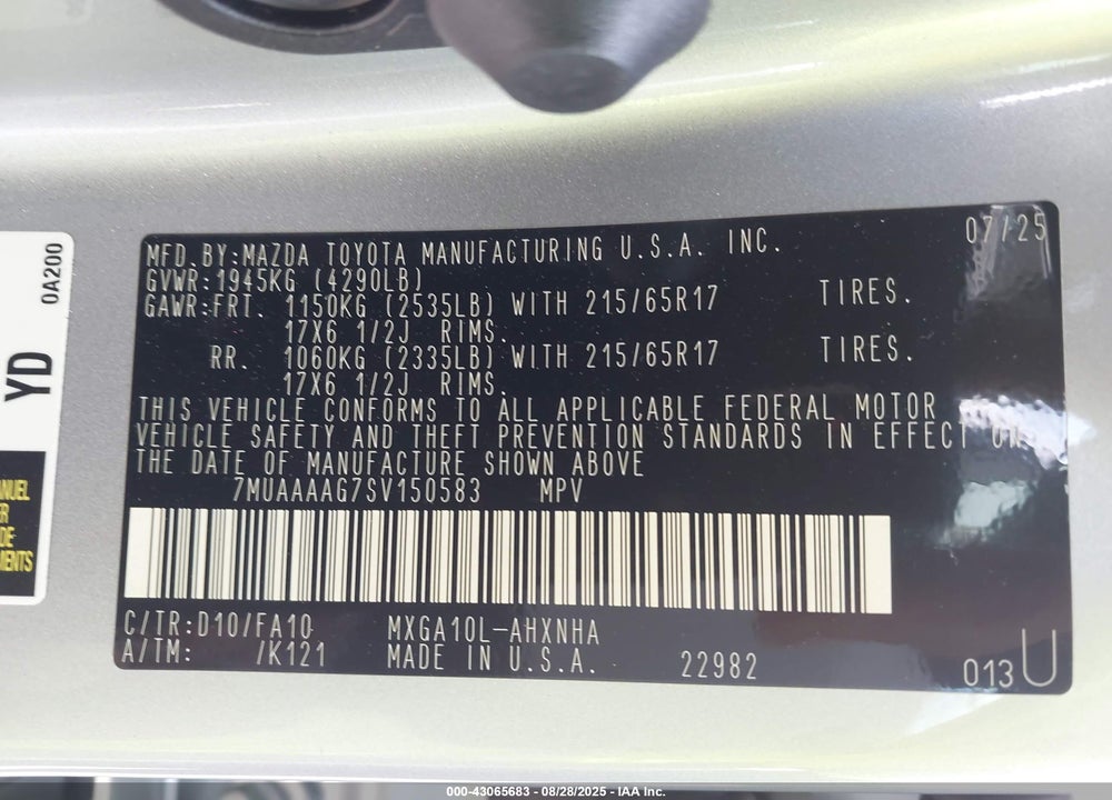 2025 TOYOTA COROLLA CROSS L VIN: 7MUAAAAG7SV150583