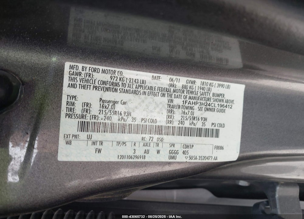 2012 FORD FOCUS VIN: 1FAHP3H24CL196412