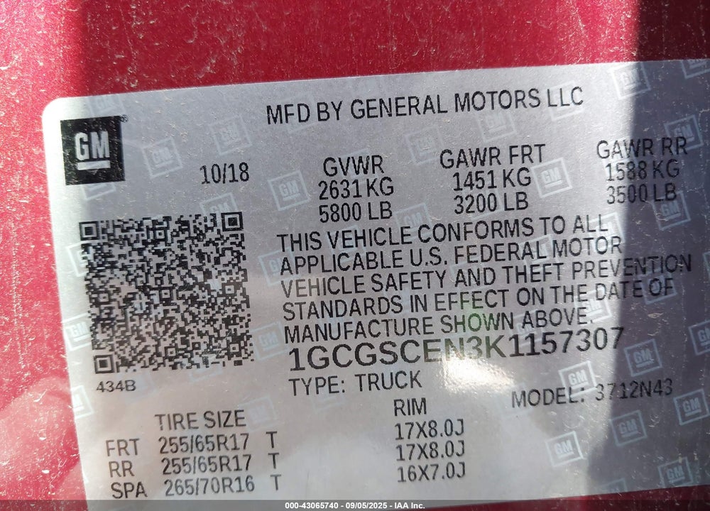 2019 CHEVROLET COLORADO VIN: 1GCGSCEN3K1157307